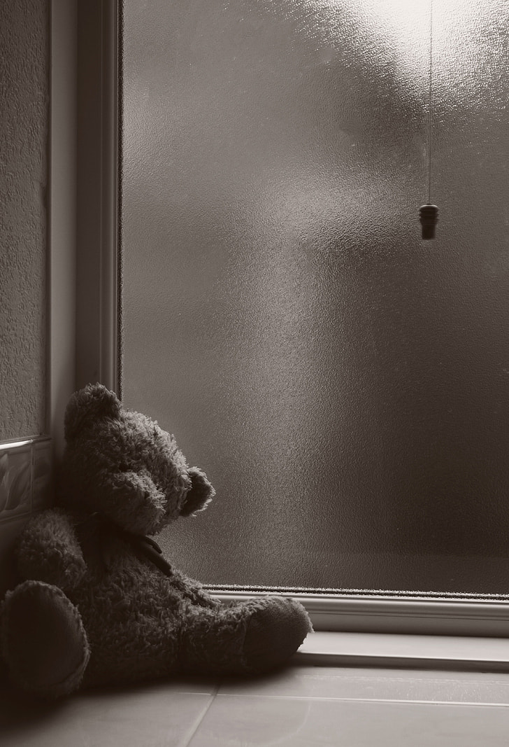 brown bear plush toy lean on wall near window