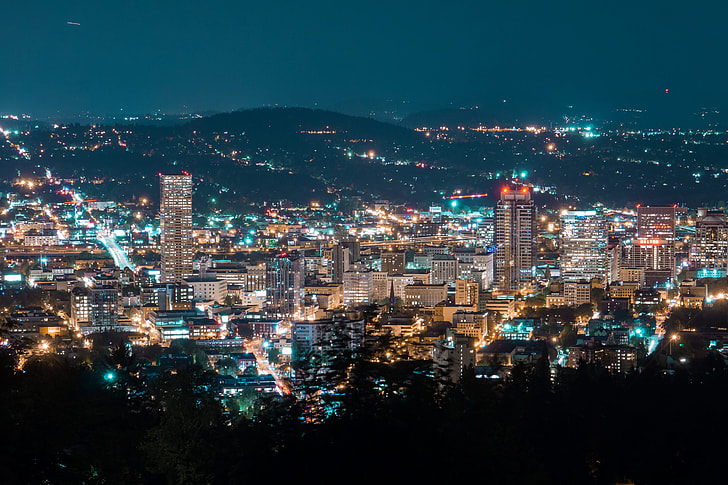 Night shot of the city of Portland