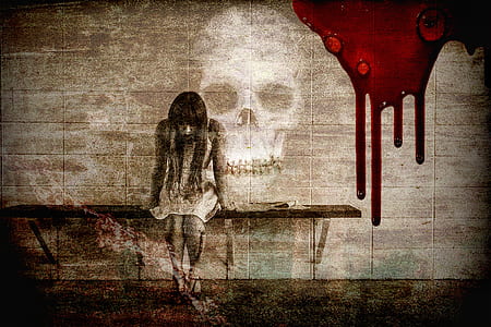 skull print with blood and girl sitting on a bench