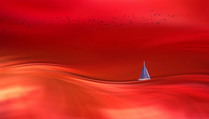 blue boat floating on red water painting