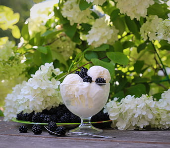 ice cream in round footed glass beside white petaled flowers during daytime