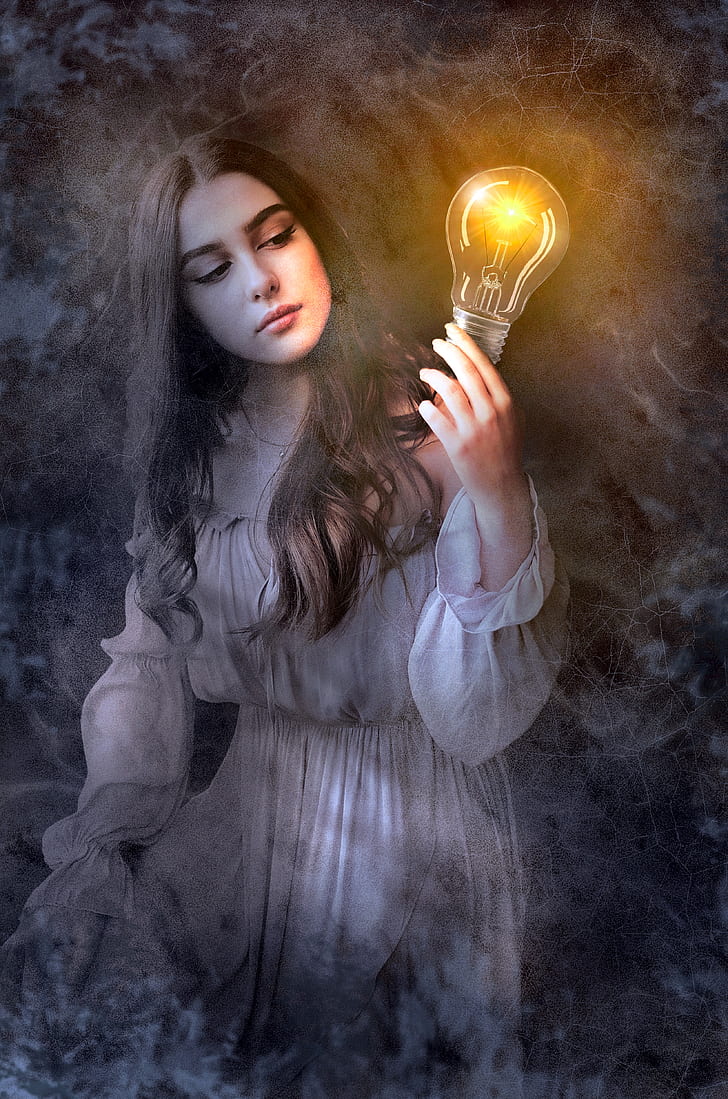 girl in white dress holding light bulb painting
