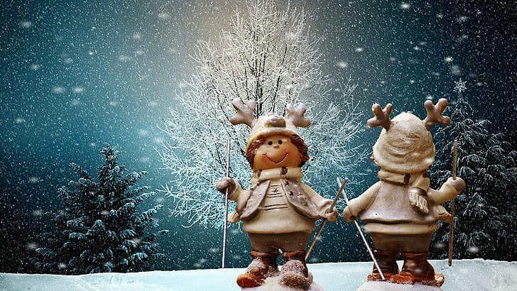 two snowman holding pole during winter season