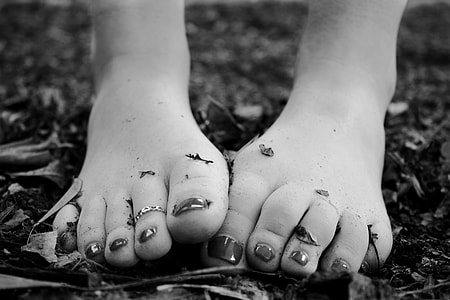 Woman Feet Black White Leaves