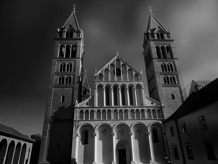 Grayscale Low Angle Photo of a Cathedral
