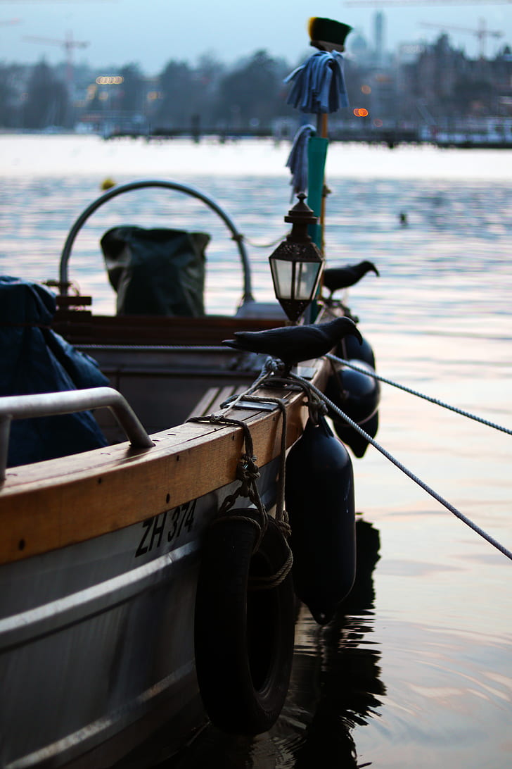 shallow focus photo of gray steel boat with black buoys