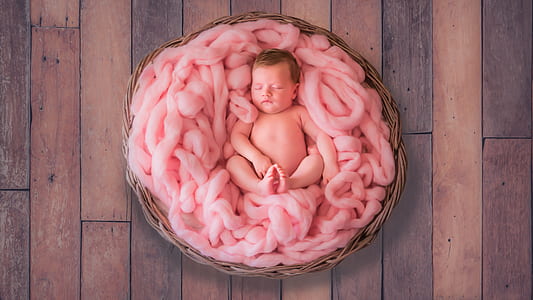 newborn photography of baby in basket with pink linen