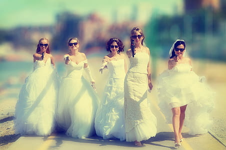women in bridal gown tilt shift lens photography