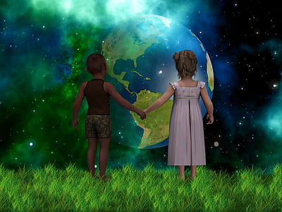girl and boy holding hand background painting