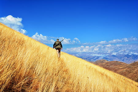 man walking on brown grass field under blue sky and white clouds during daytime