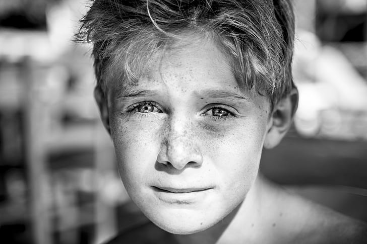 grayscale photography of boy