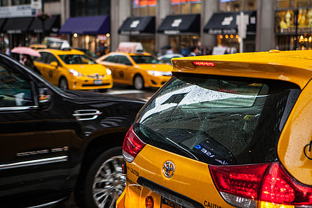 Street shot of the busy traffic in Manhattan, New York City, as always, taxis dominate the road
