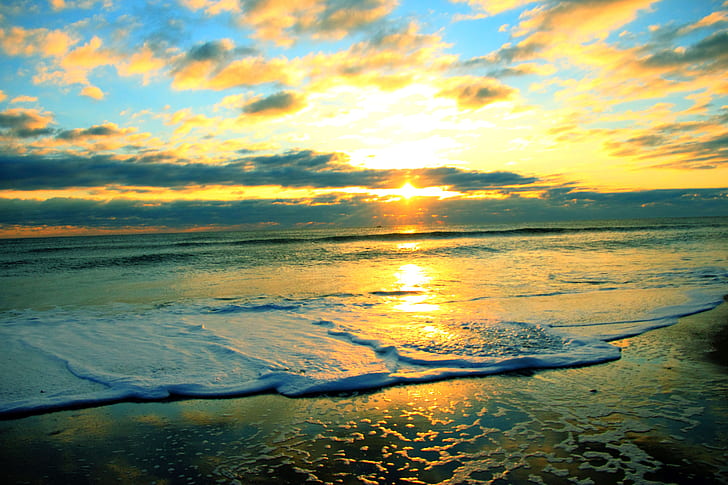 Sunset Sky with cloud over sea sand beach,Landscape Colourful Sky.Golden  hour Sunlight on Beach sand Stock Photo by annann_9