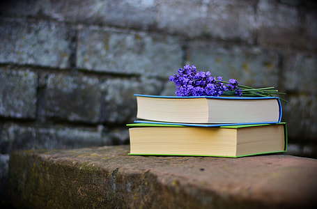 purple flowers on top of blue and green covered books