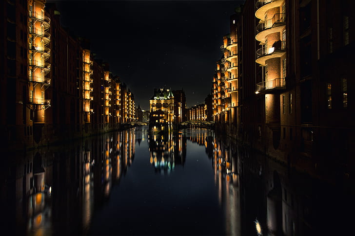 Royalty Free Photo Reflection Of Buildings On Water During Nighttime