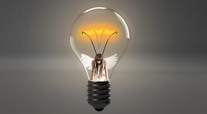 girl with wings inside light bulb illustration