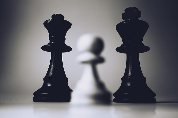 selective-focus photography of two black chess pieces beside white chess piece