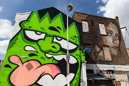 Wide-angle photograph of vibrant street art in Shoreditch, East London. Image captured with a Canon 5D DSLR
