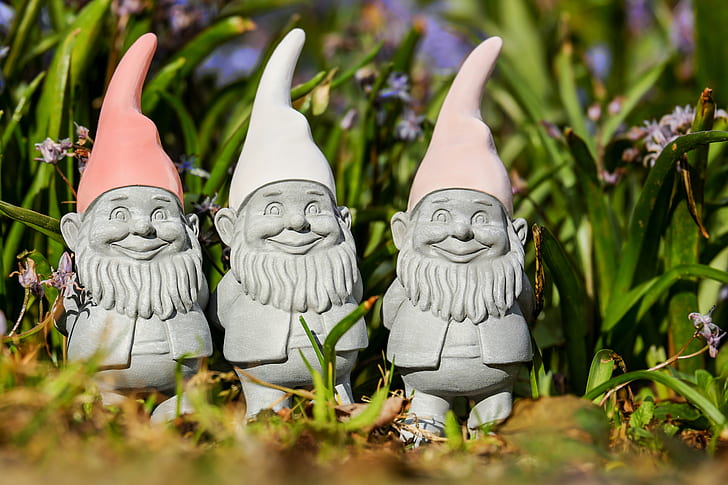 selective focus photography of three gnome figurines