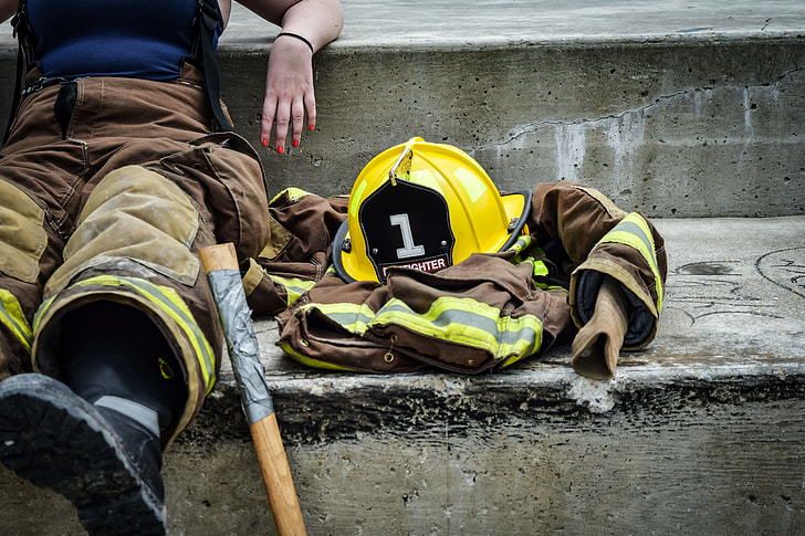 firefighter sitting on stair