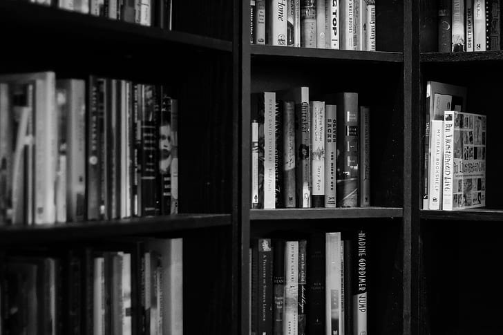 black wooden bookshelves