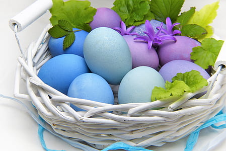 basket of blue and purple easter eggs