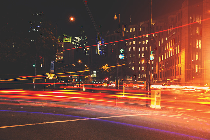 Long exposure photograph showing the light trails of moving traffic in Central London. Image captured with a Canon 6D