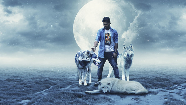 man in blue jacket surrounded by three wolves with moon background