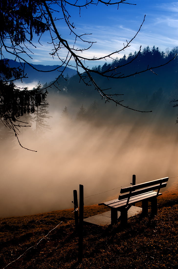 gray wooden bench on top of the mountain range overlooking the fog