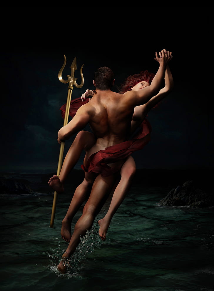 woman and man holding trident on body of water illustration