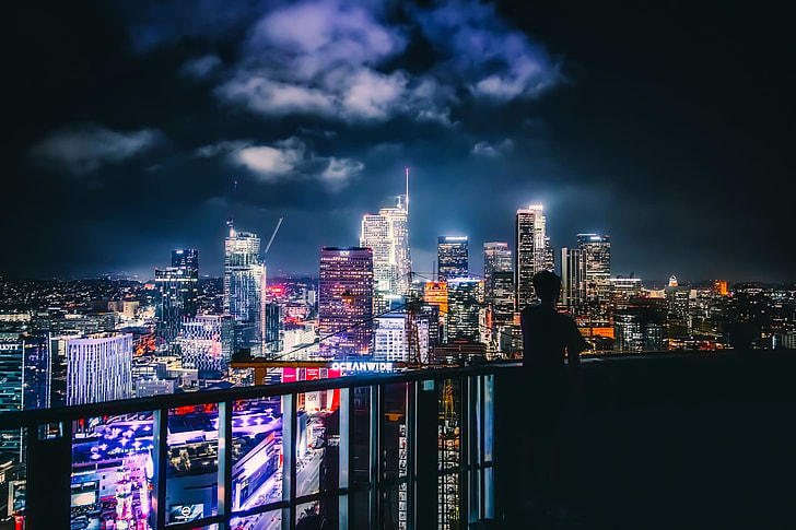 man silhouette photo facing night light city
