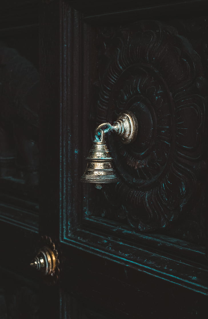 black wooden door with gray bell