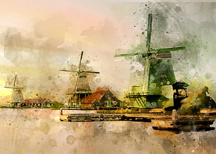 green windmill near dock painting