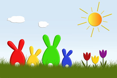red, yellow, green, and blue rabbits painting