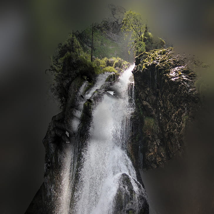 waterfalls with human face photography