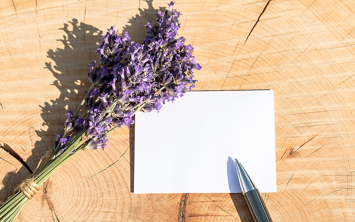 white band paper with pen beside lavender flowers