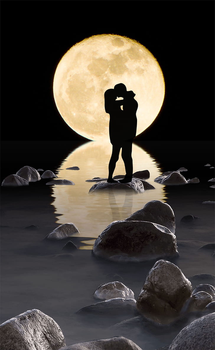 silhouette photo of man and woman with moon