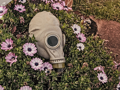 gray gas mask on green grasses