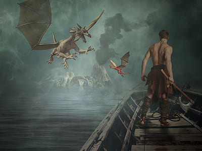 man holding ax standing on boat facing dragon digital wallpaper