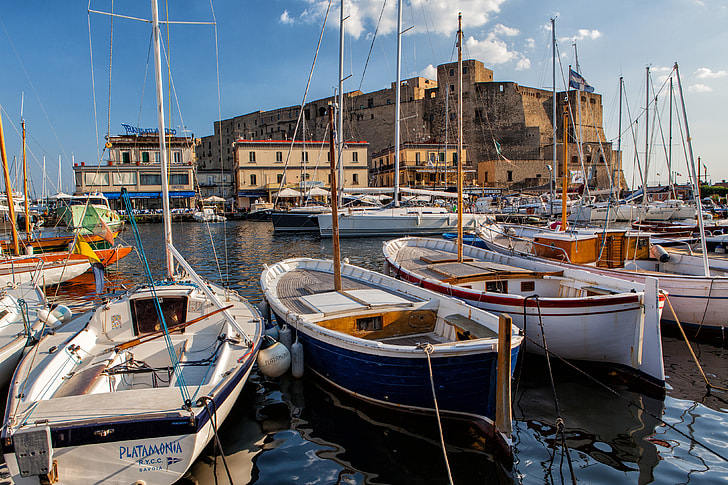 Wide-angle shot of the Harbour in Napoli, Italy