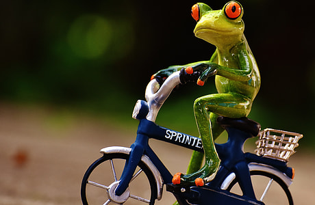 selective focus photography of kermit the frog riding bicycle
