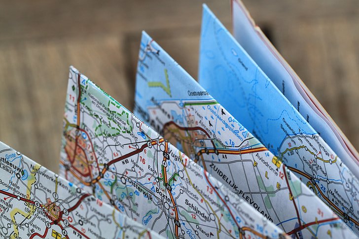 closeup photography, map, folding map, road map, travel route, auto map