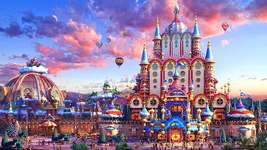 colorful castle with hot air balloons