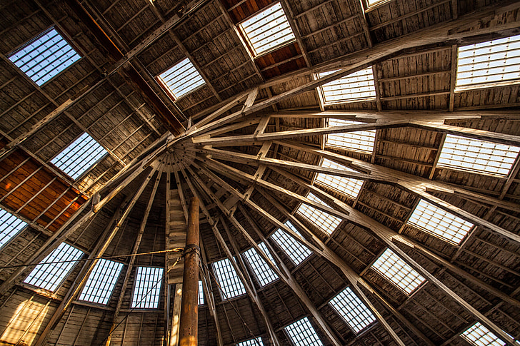Wide angle shot showing wooden building roof details, image captured in Chatham, Kent, England
