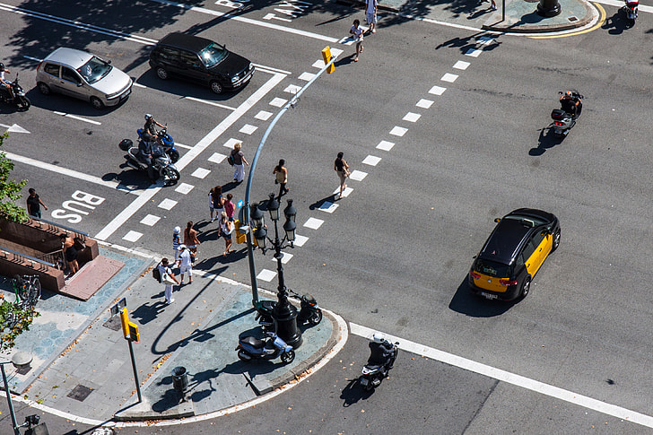 An overhead shot of a crossroad intersection in Barcelona, Spain