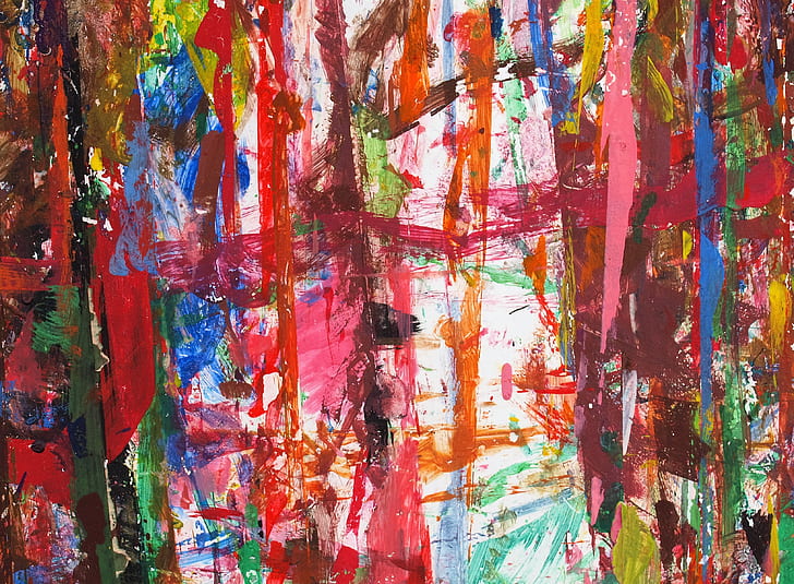 white, orange, pink, maroon, yellow, and green abstract painting