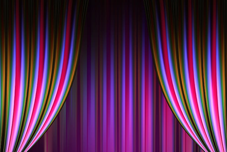 purple-black-and-green striped curtain