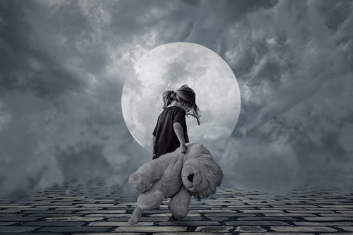 grayscale photo of walking girl carrying lion plush toy