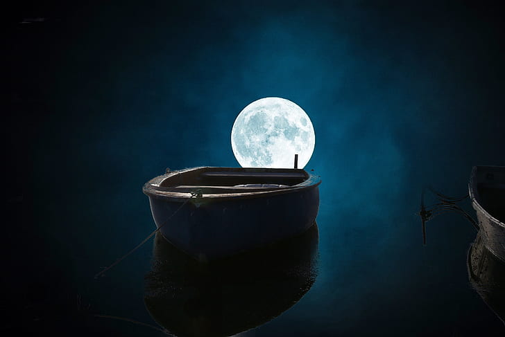 rowboat on body of water during full moon illustration