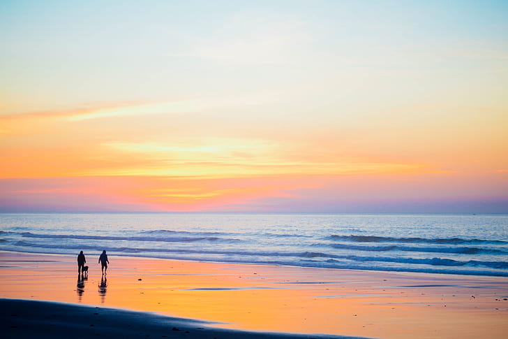 two persons standing at beach side during low tide and golden hour